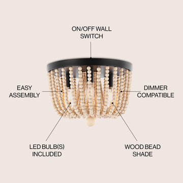 Eivissa 13" Coastal Farmhouse Iron/Wood Bead LED Flush Mount - JONATHAN Y